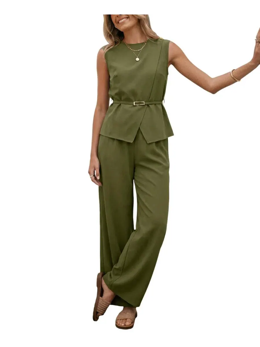Комплект из топа и широких брюк с поясом, без подкладки, модель Elegant Crew Neck Belted Top and — изображение 2 из 5