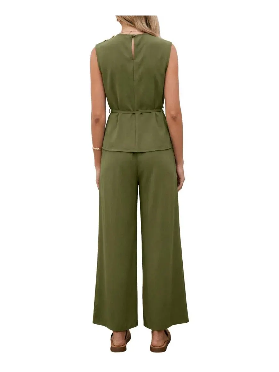 Комплект из топа и широких брюк с поясом, без подкладки, модель Elegant Crew Neck Belted Top and — изображение 3 из 5