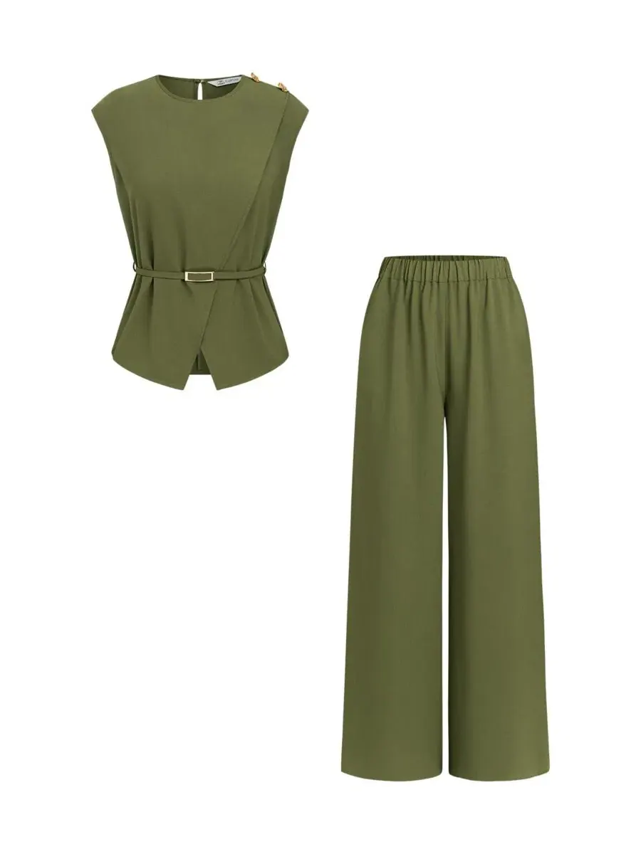 Комплект из топа и широких брюк с поясом, без подкладки, модель Elegant Crew Neck Belted Top and — изображение 4 из 5