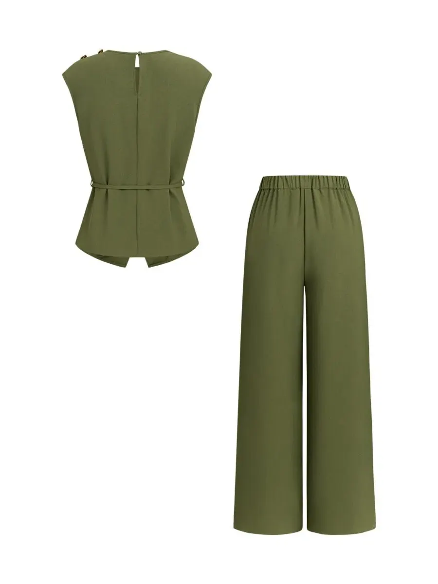 Комплект из топа и широких брюк с поясом, без подкладки, модель Elegant Crew Neck Belted Top and — изображение 5 из 5