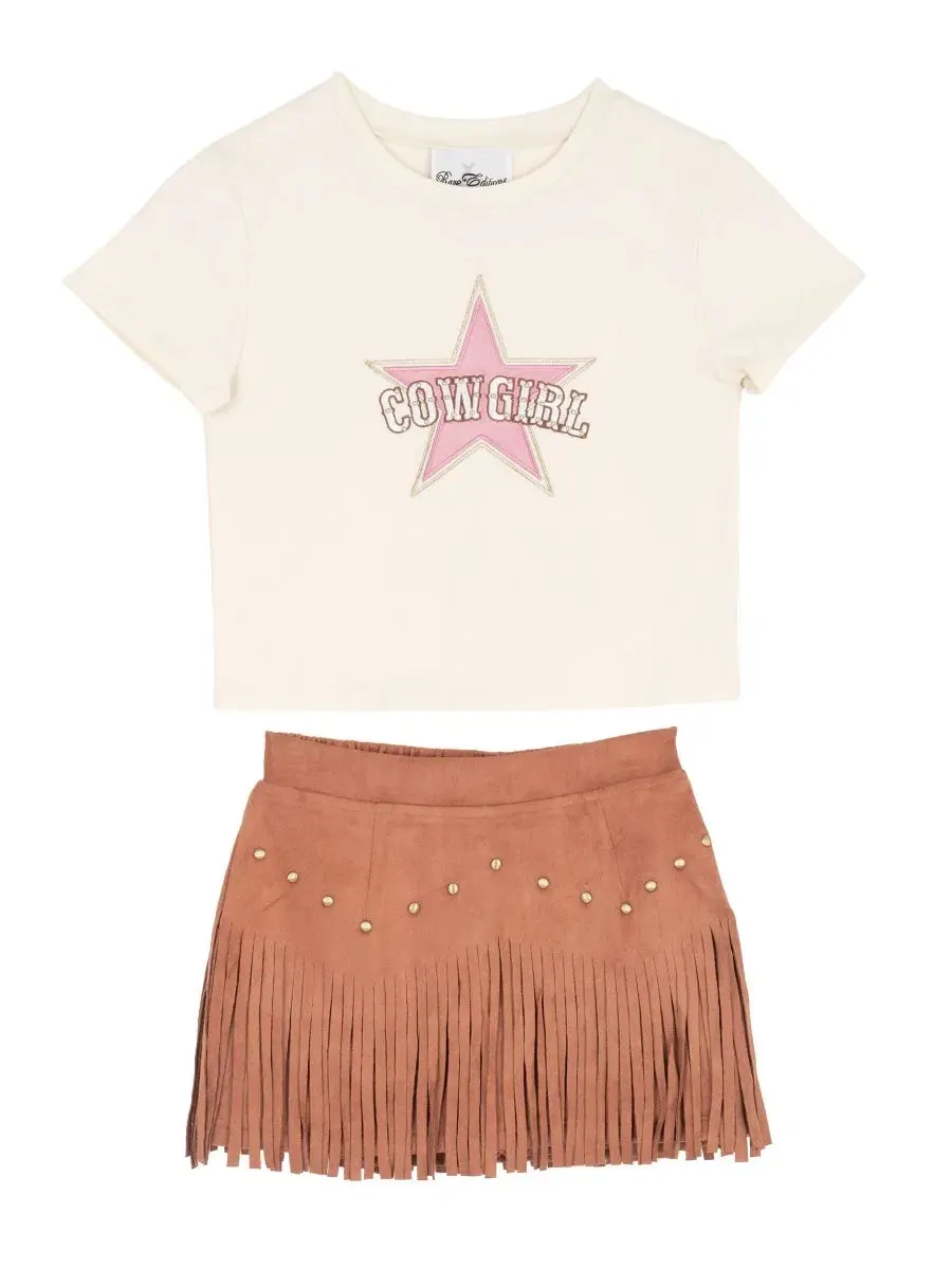 Комплект из футболки с принтом и юбки с бахромой Cowgirl Graphic Knit T-Shirt and Fringe Stud — бежевый
