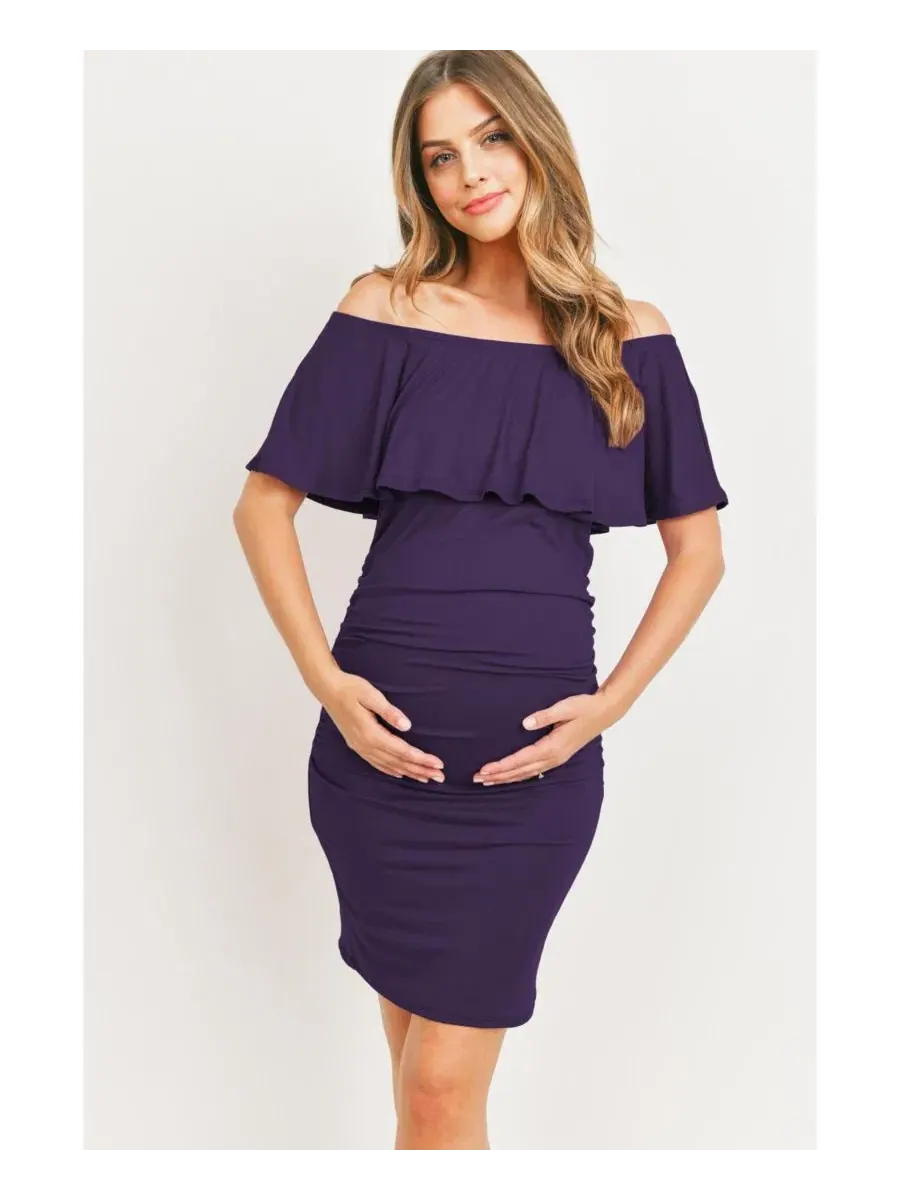 Платье для беременных с рукавом-воланами, модель Off-Shoulder Ruffle Hello Miz — изображение 1 из 3, фиолетовый