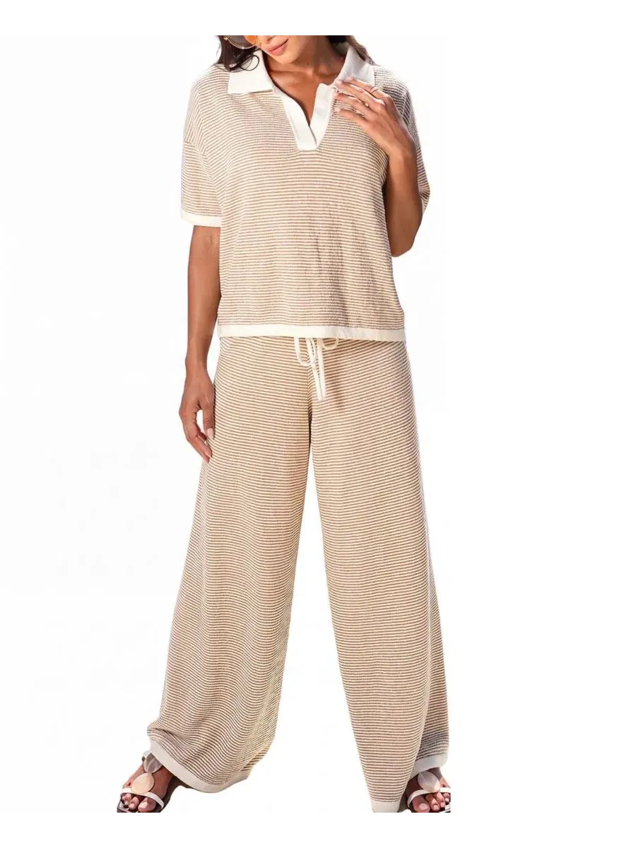 Комплект из топа с воротником и широких брюк Sand Stripe Collared Knit Wide Leg Two Piece Set Cupshe — зеленый