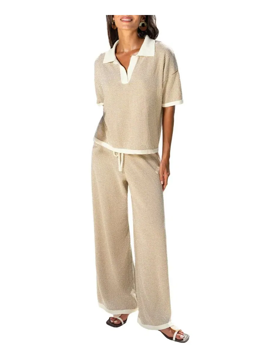Комплект из топа с воротником и широких брюк Sand Stripe Collared Knit Wide Leg Two Piece Set Cupshe — изображение 2 из 3