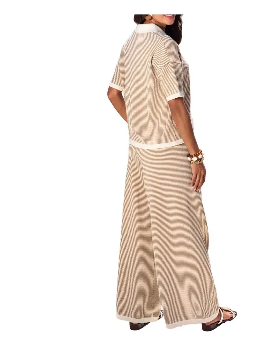 Комплект из топа с воротником и широких брюк Sand Stripe Collared Knit Wide Leg Two Piece Set Cupshe — изображение 3 из 3