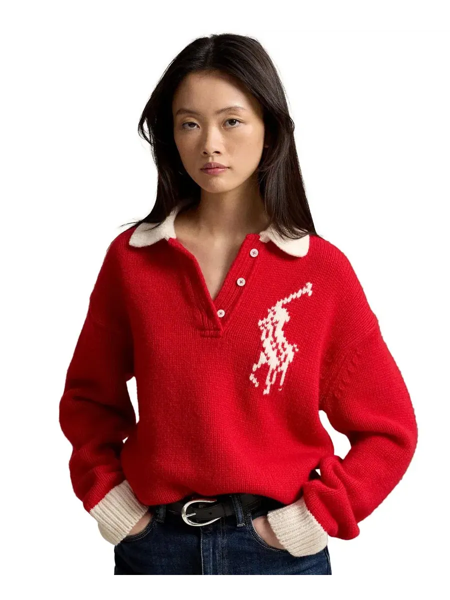 Свитер с воротником-поло из шерсти, модель Big Pony Rugby Polo Ralph Lauren — изображение 1 из 5, красный/кремовый