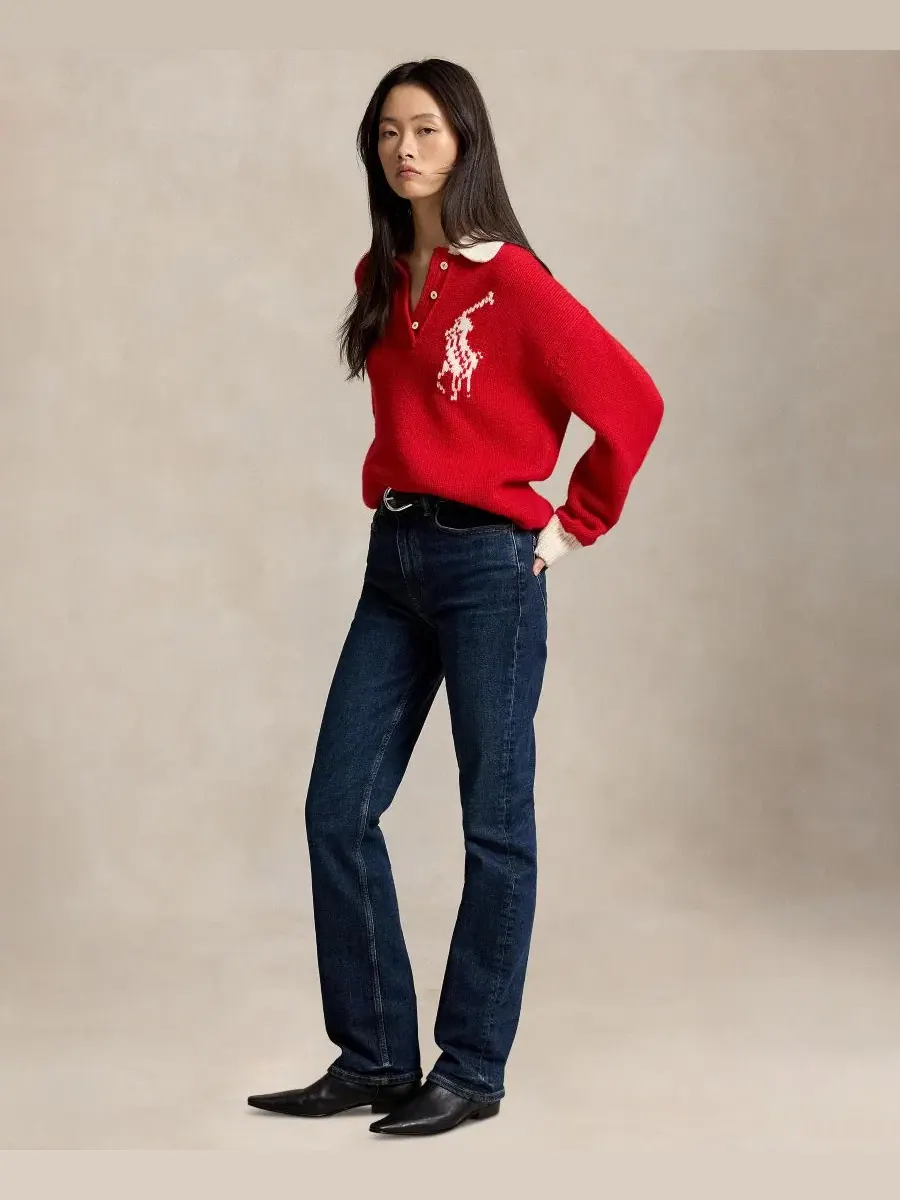Свитер с воротником-поло из шерсти, модель Big Pony Rugby Polo Ralph Lauren — изображение 2 из 5, красный/кремовый