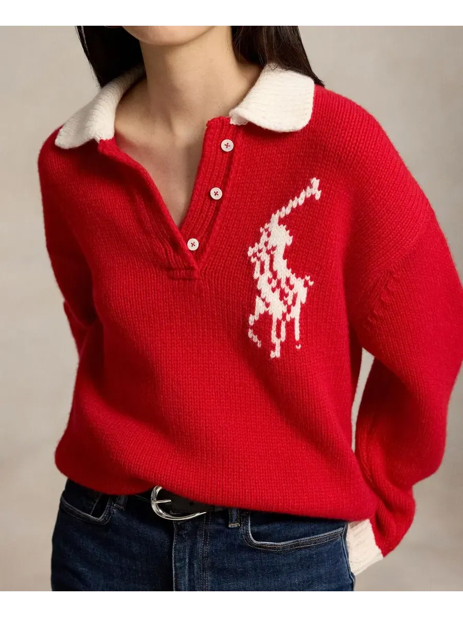 Свитер с воротником-поло из шерсти, модель Big Pony Rugby Polo Ralph Lauren — изображение 3 из 5, красный/кремовый