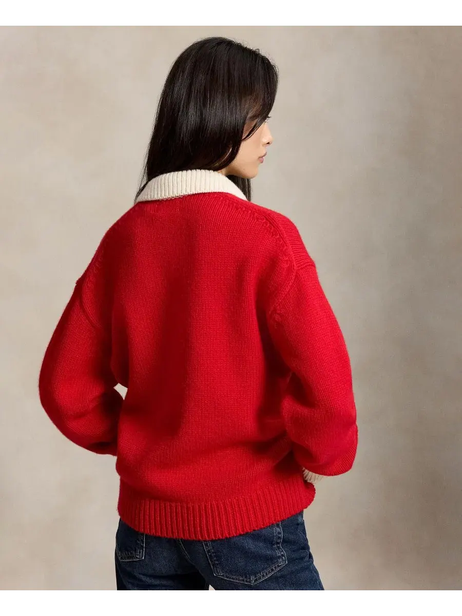 Свитер с воротником-поло из шерсти, модель Big Pony Rugby Polo Ralph Lauren — изображение 4 из 5, красный/кремовый