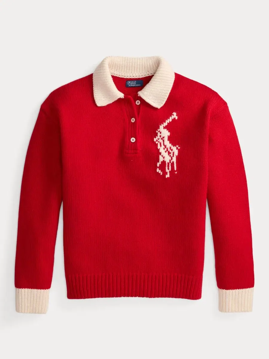 Свитер с воротником-поло из шерсти, модель Big Pony Rugby Polo Ralph Lauren — изображение 5 из 5, красный/кремовый