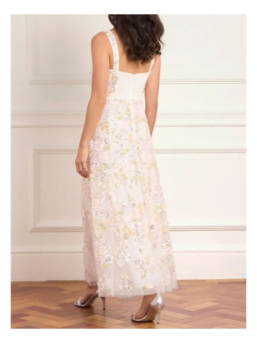 Платье-макси с принтом Sequin Paradise Sweetheart Ankle Gown Needle & Thread — изображение 3 из 5, белый/мульти