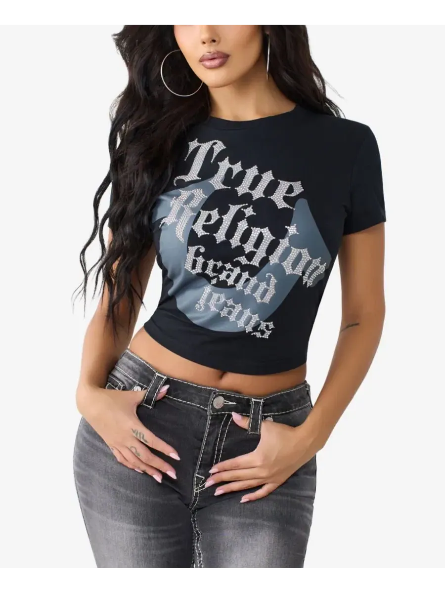 Футболка с кристаллами и принтом логотипа True Religion — изображение 2 из 4, черный