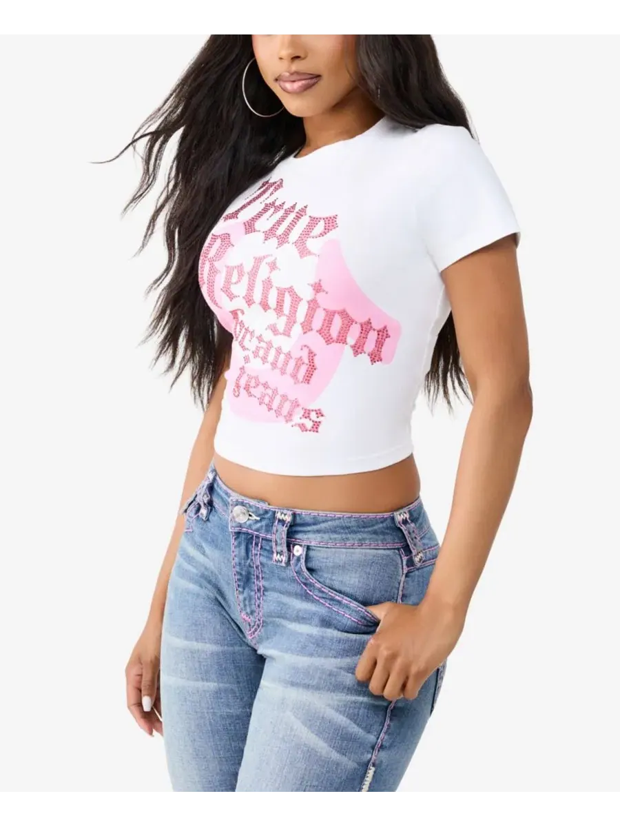 Футболка с кристаллами и логотипом True Religion — изображение 2 из 3, белый
