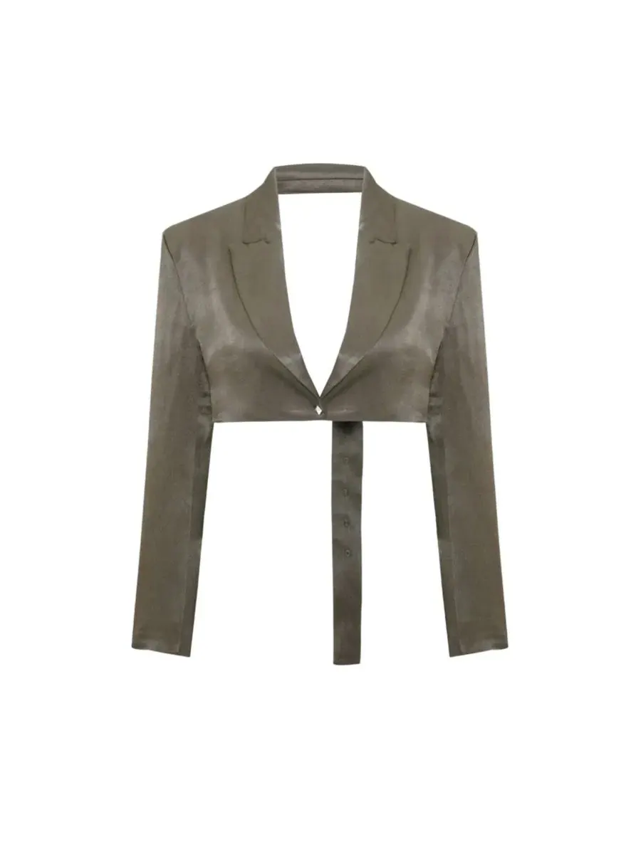 Жакет женский укороченный с поясом, модель Shiny Cropped Belted PCFG — изображение 3 из 5, оливковый зеленый