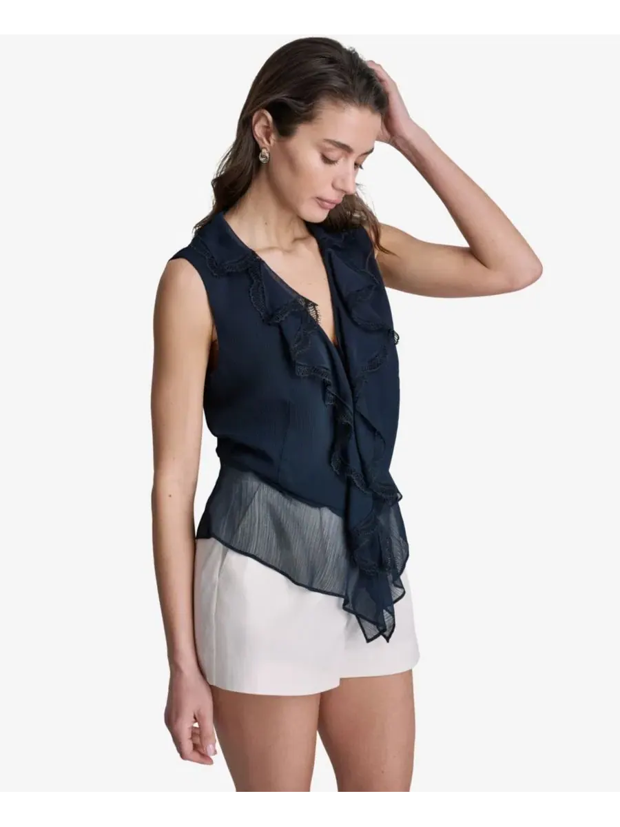 Блузка с воланами, без рукавов, V-образным вырезом BCBG — изображение 3 из 7, синий