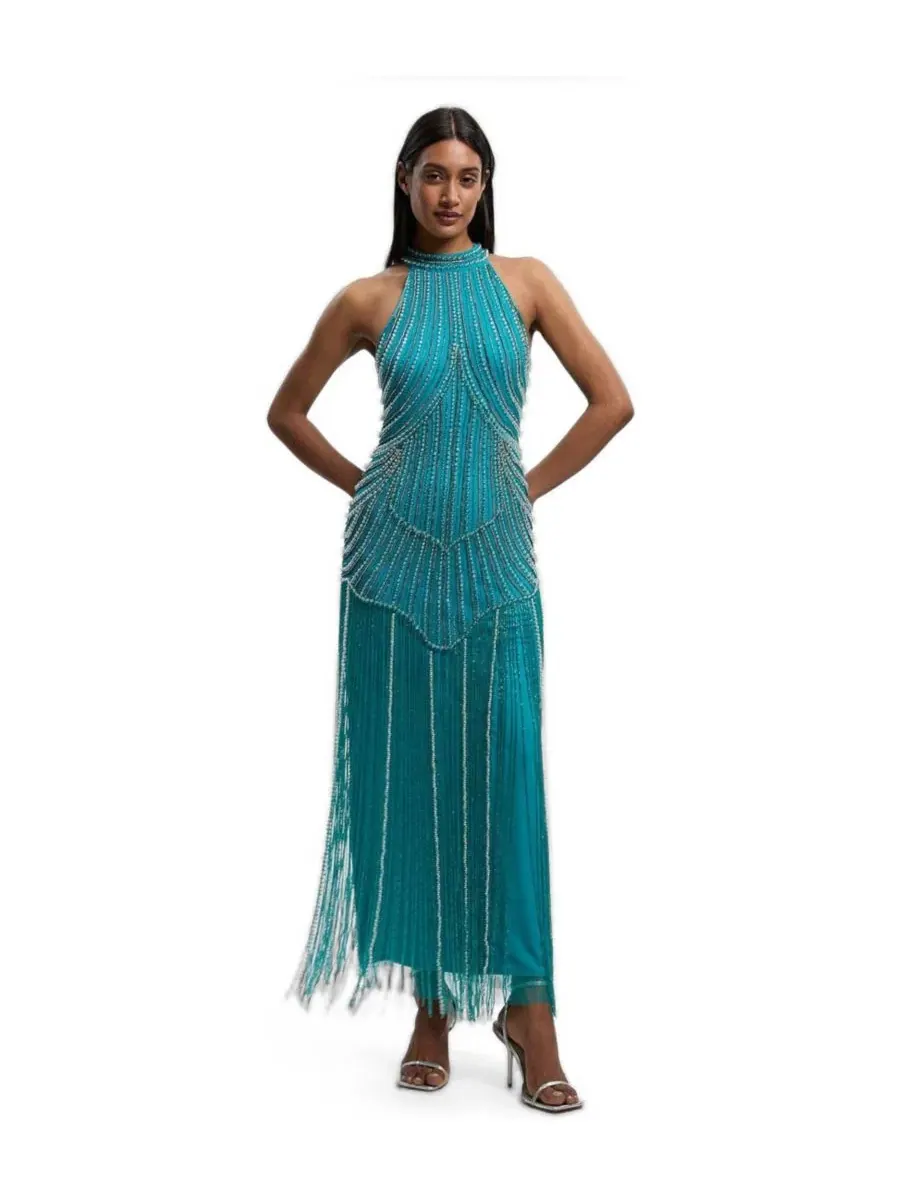 Платье миди с бахромой и кристаллами, модель Crystal Fringe Karen Millen — синий