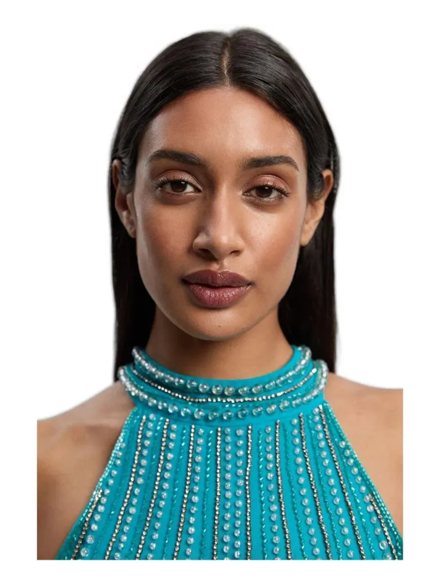 Платье миди с бахромой и кристаллами, модель Crystal Fringe Karen Millen — изображение 2 из 4, синий