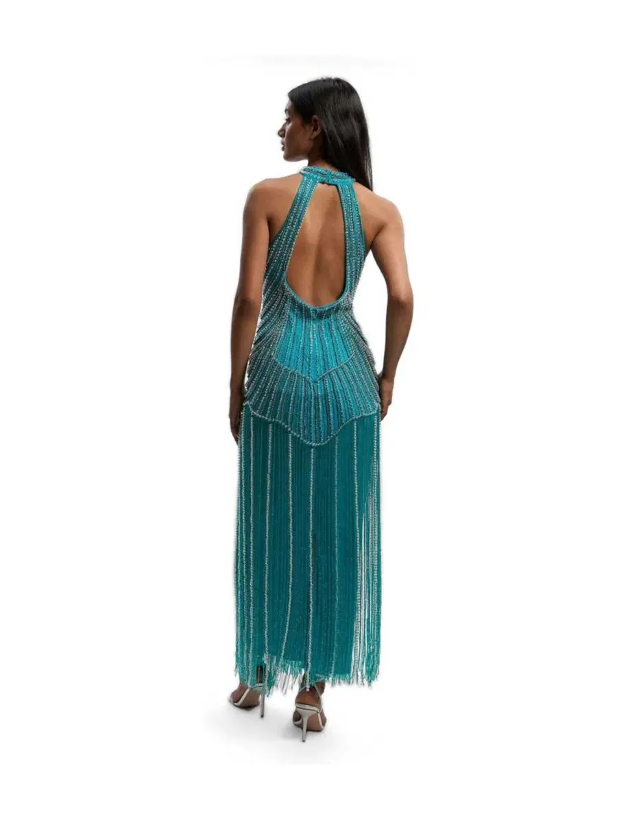Платье миди с бахромой и кристаллами, модель Crystal Fringe Karen Millen — изображение 3 из 4, синий