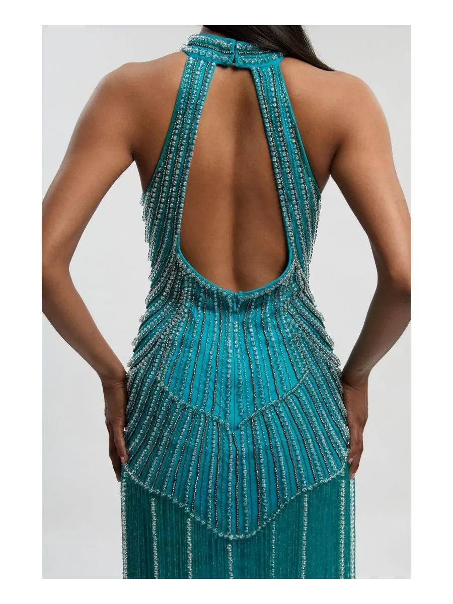 Платье миди с бахромой и кристаллами, модель Crystal Fringe Karen Millen — изображение 4 из 4, синий