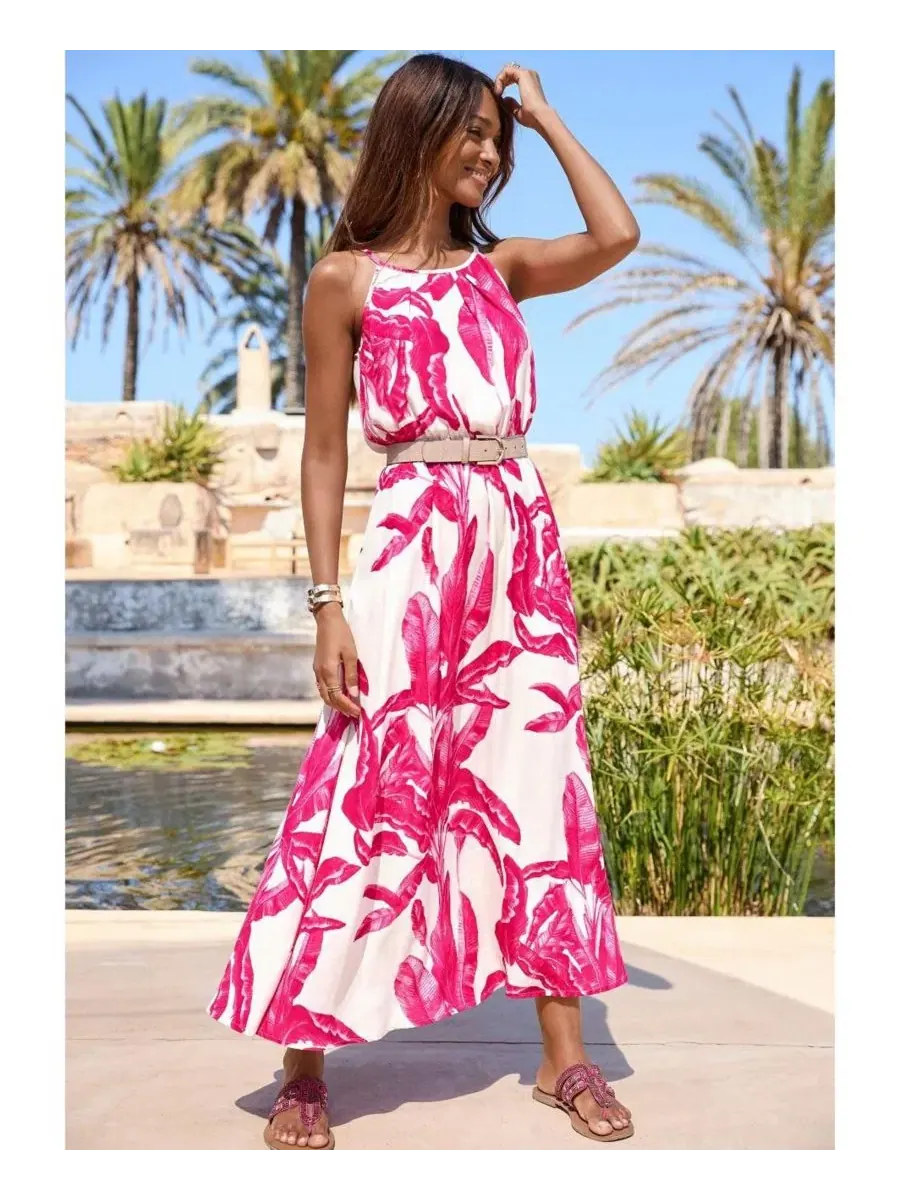 Платье-макси без рукавов с принтом High Neck Sleeveless Maxi Dress LASCANA — изображение 2 из 6, слоновая кость розовый