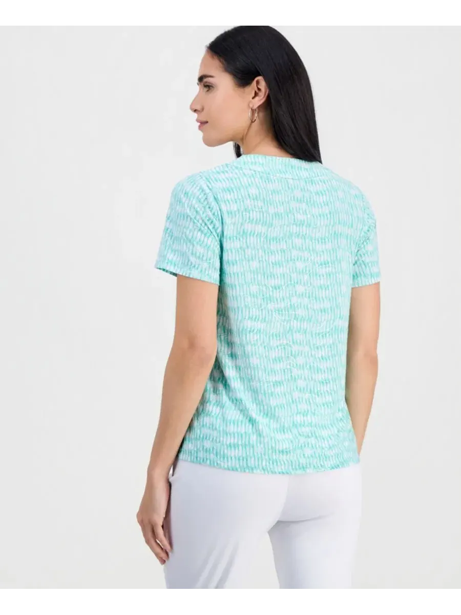 Блуза с коротким рукавом и V-образным вырезом, Jacquard JM Collection — изображение 2 из 4, голубой