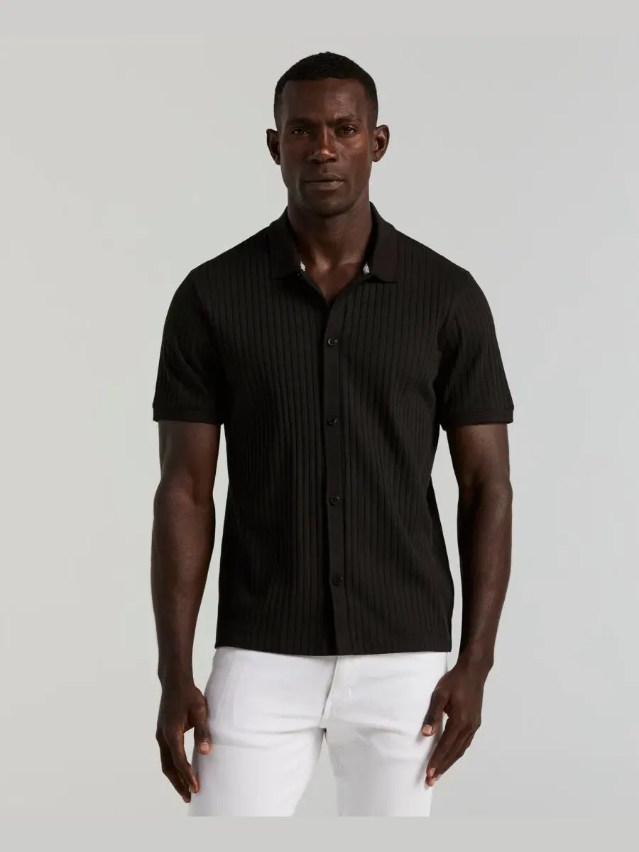 Мужская рубашка-поло с вертикальной текстурой и коротким рукавом Perry Ellis — изображение 1 из 5, черный