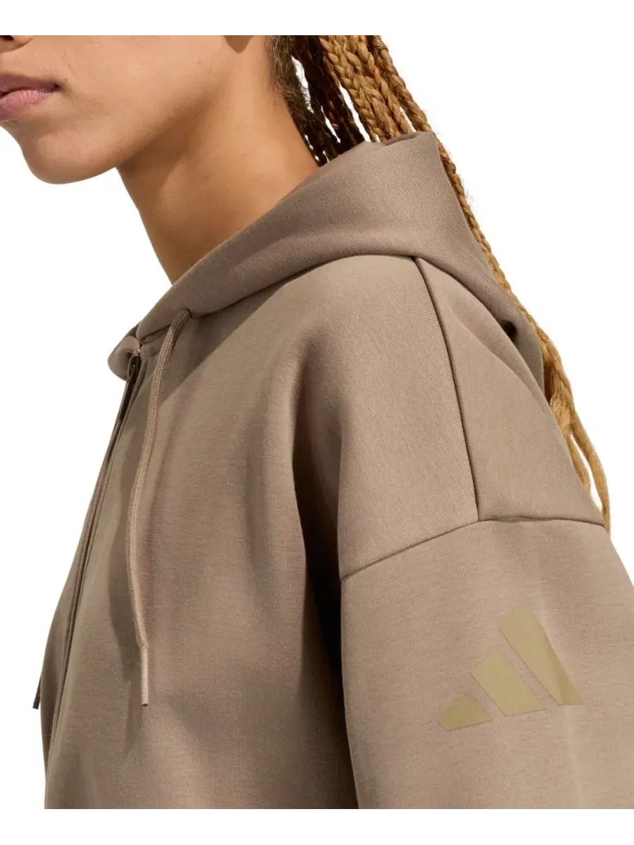 Женская куртка-худи на молнии из флиса Essentials Contemporary Full-Zip Hooded Jacket adidas — изображение 3 из 5, хаки