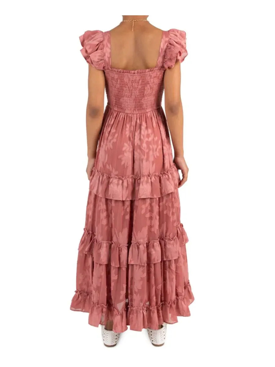 Платье макси из шифона с запахом и рюшами, модель Burnout Chiffon Smocked Sweetheart Neck Tiered — изображение 3 из 7