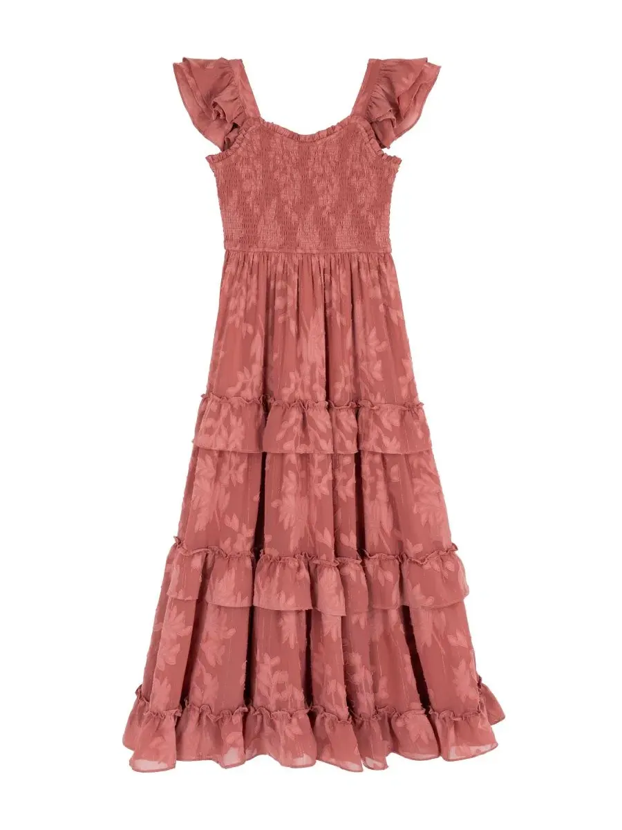 Платье макси из шифона с запахом и рюшами, модель Burnout Chiffon Smocked Sweetheart Neck Tiered — изображение 4 из 7