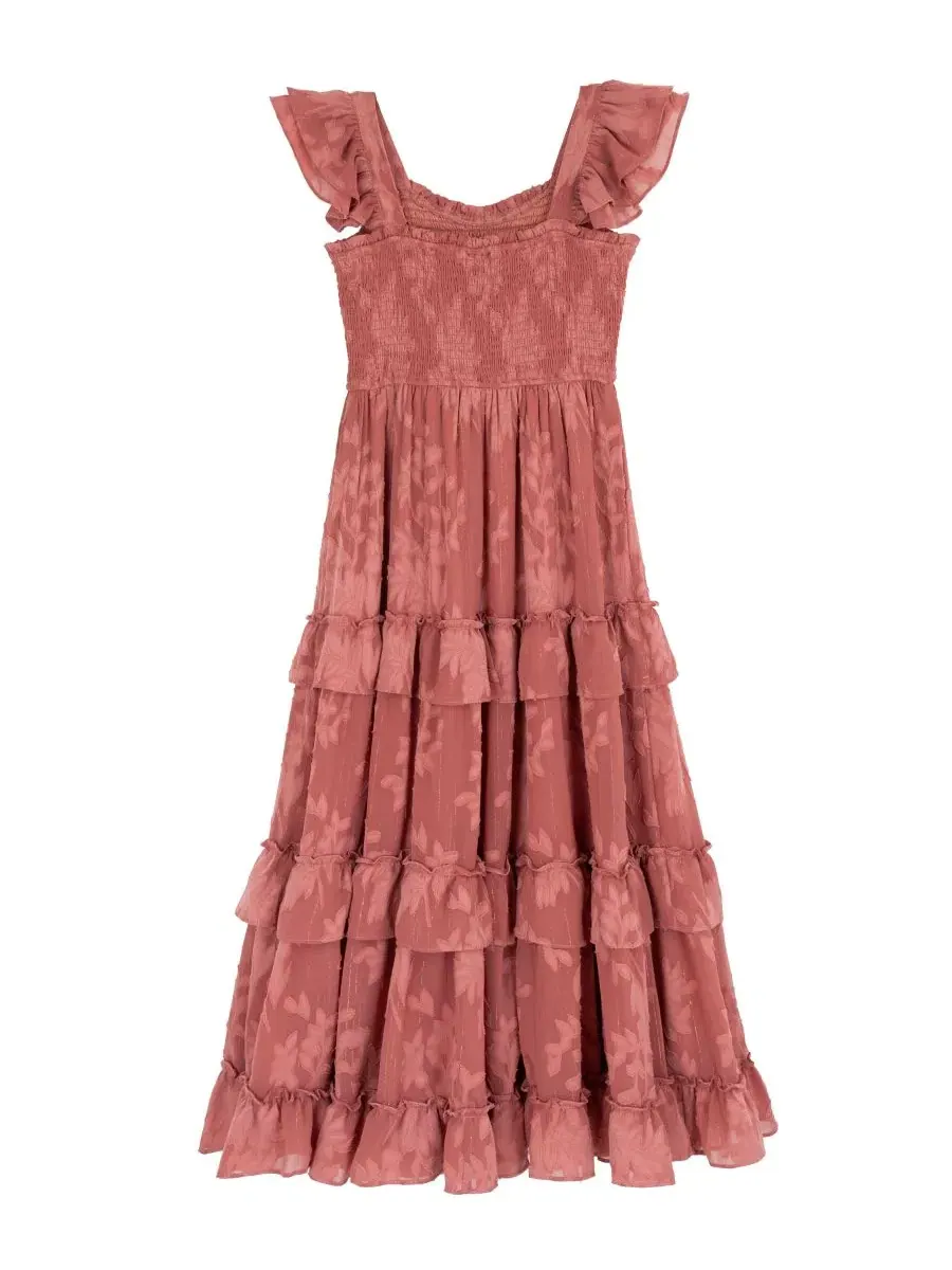 Платье макси из шифона с запахом и рюшами, модель Burnout Chiffon Smocked Sweetheart Neck Tiered — изображение 5 из 7