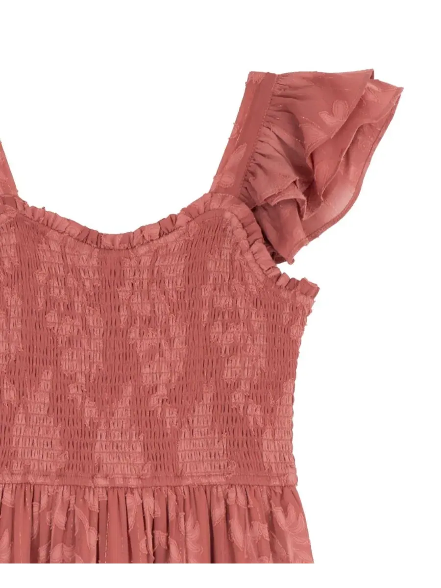 Платье макси из шифона с запахом и рюшами, модель Burnout Chiffon Smocked Sweetheart Neck Tiered — изображение 6 из 7