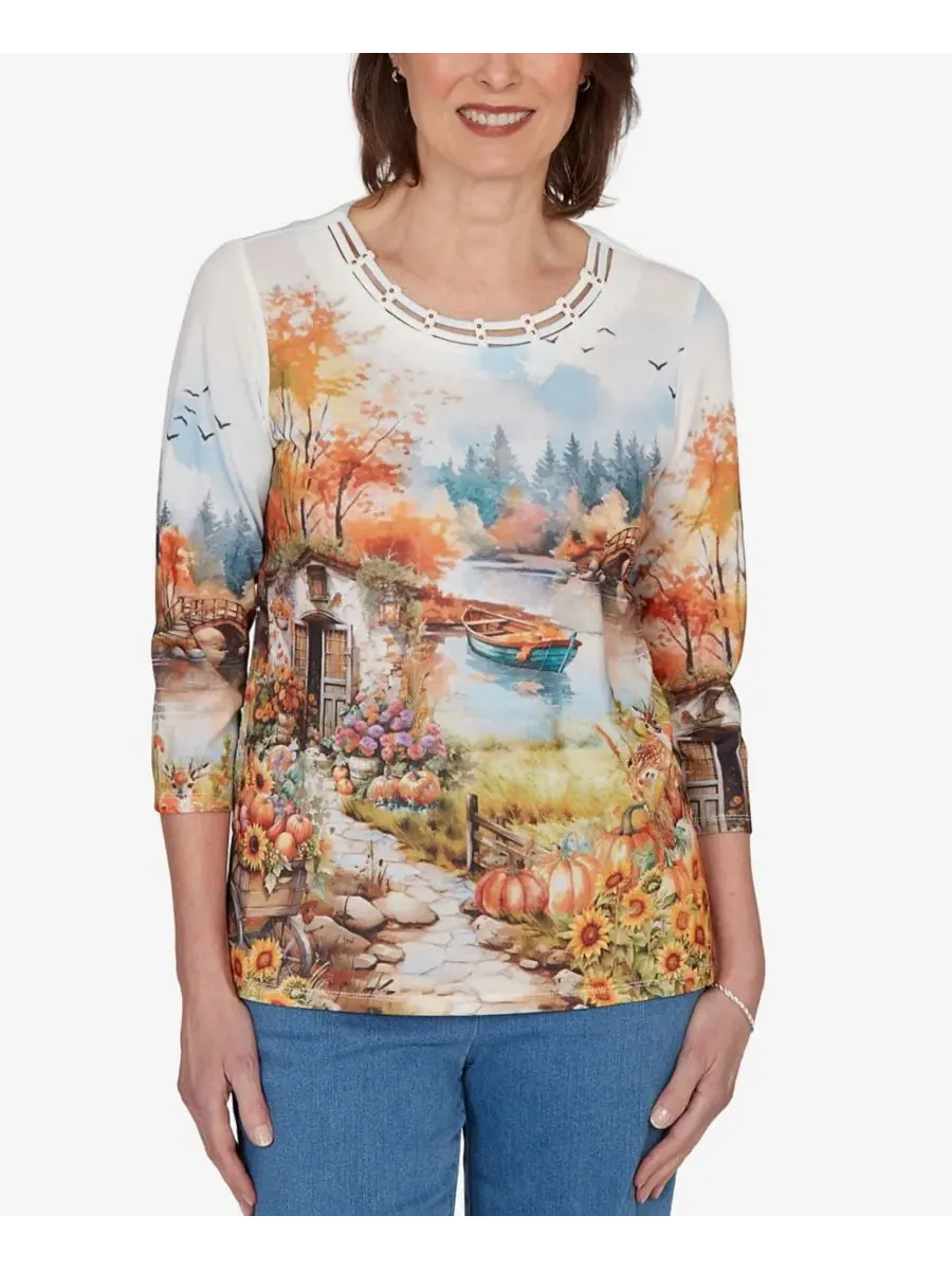 Топ с принтом осеннего озера, модель Petite Autumn Lake Scenic Print Alfred Dunner — мульти