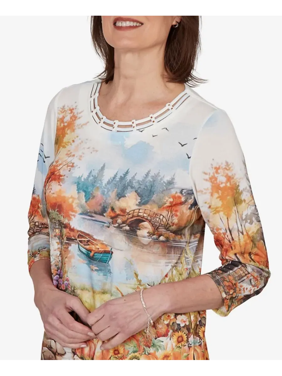 Топ с принтом осеннего озера, модель Petite Autumn Lake Scenic Print Alfred Dunner — изображение 4 из 5