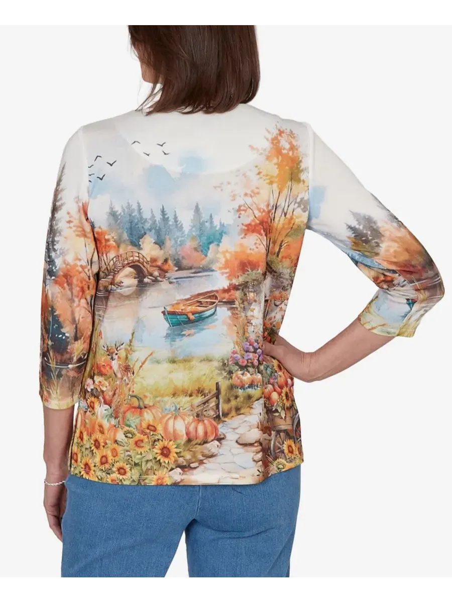 Топ с принтом осеннего озера, модель Petite Autumn Lake Scenic Print Alfred Dunner — изображение 5 из 5