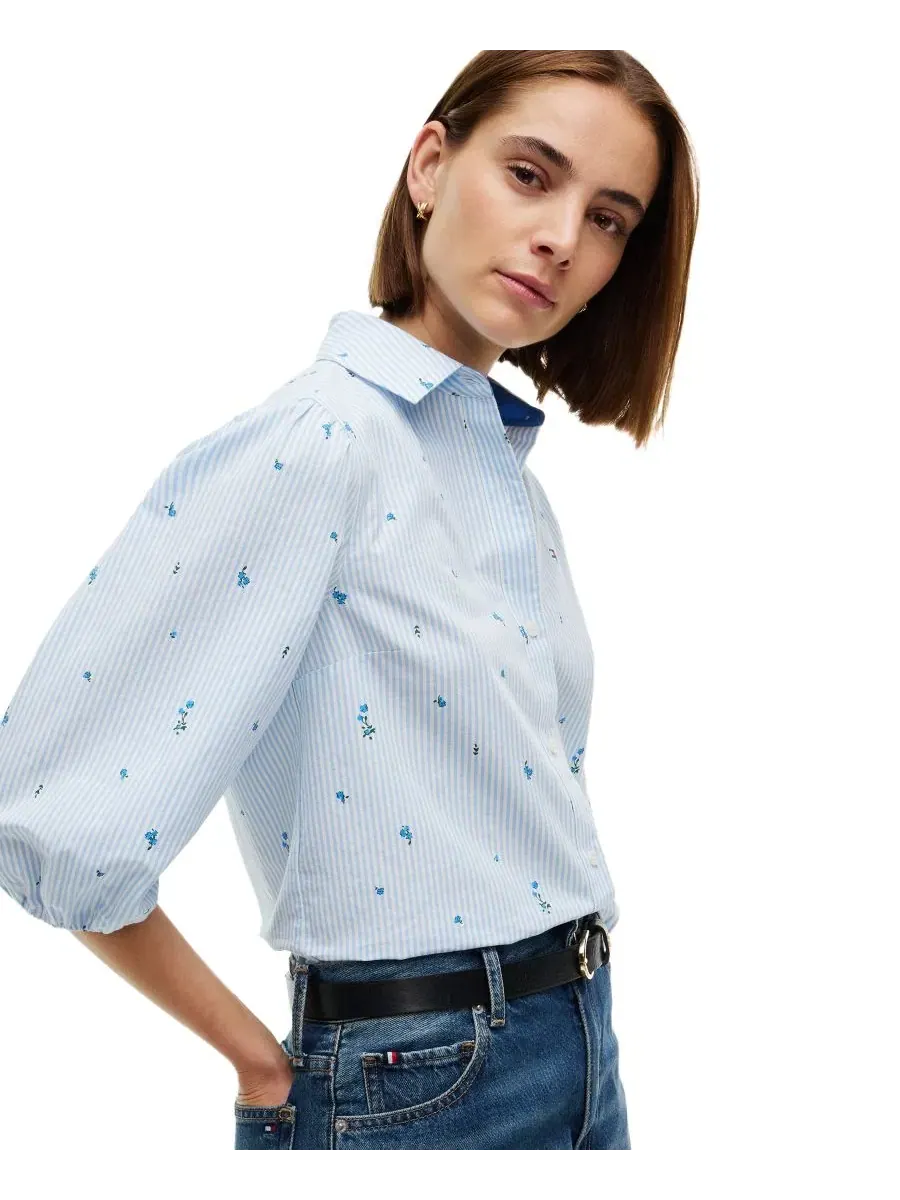 Женская рубашка с принтом, с рукавом 3/4 и пышными рукавами Tommy Hilfiger — изображение 3 из 4, синий