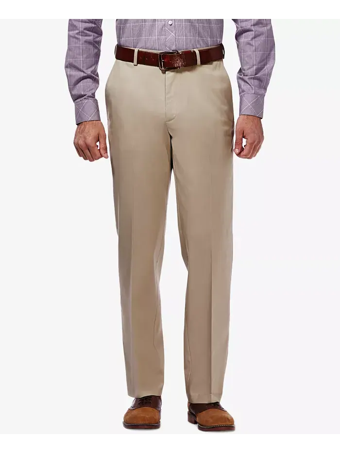 Мужские брюки Premium No Iron Khaki Classic Fit с плоской передней частью и скрытой регулируемой — изображение 1 из 6, хаки