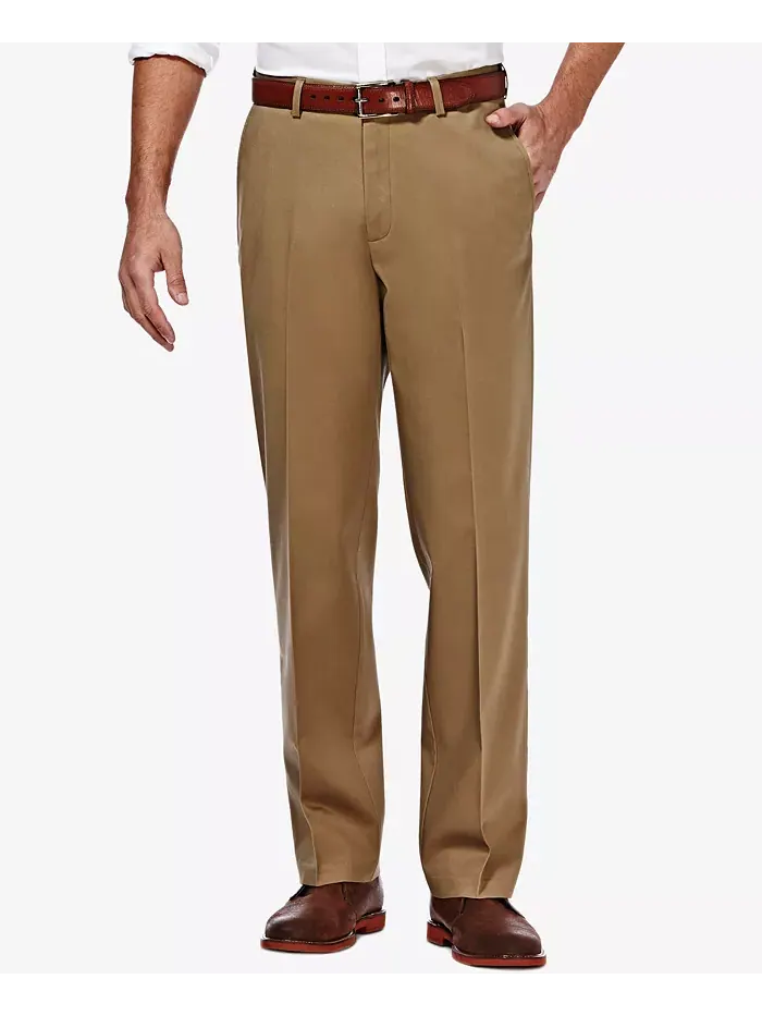 Мужские брюки Premium No Iron Khaki Classic Fit с плоской передней частью и скрытой регулируемой — изображение 1 из 6, хаки