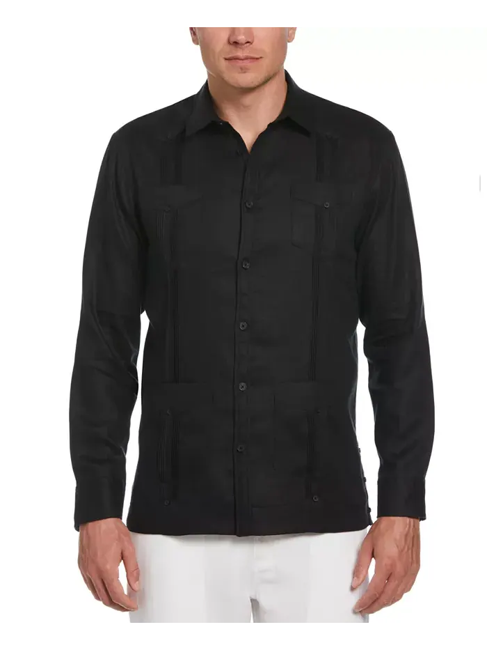 Мужская гавайская рубашка Guayabera с длинным рукавом и 4 карманами, 100% лен Cubavera
