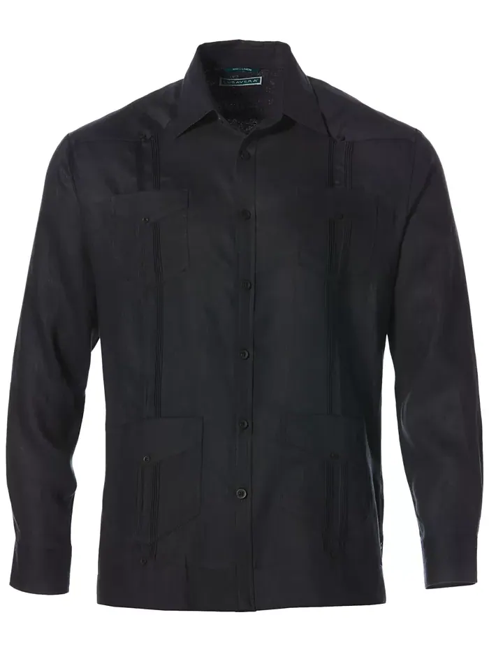 Мужская гавайская рубашка Guayabera с длинным рукавом и 4 карманами, 100% лен Cubavera — изображение 5 из 5, черный