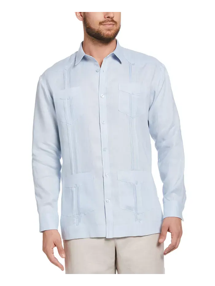 Мужская гавайская рубашка Guayabera с длинным рукавом и 4 карманами, 100% лен Cubavera — синий