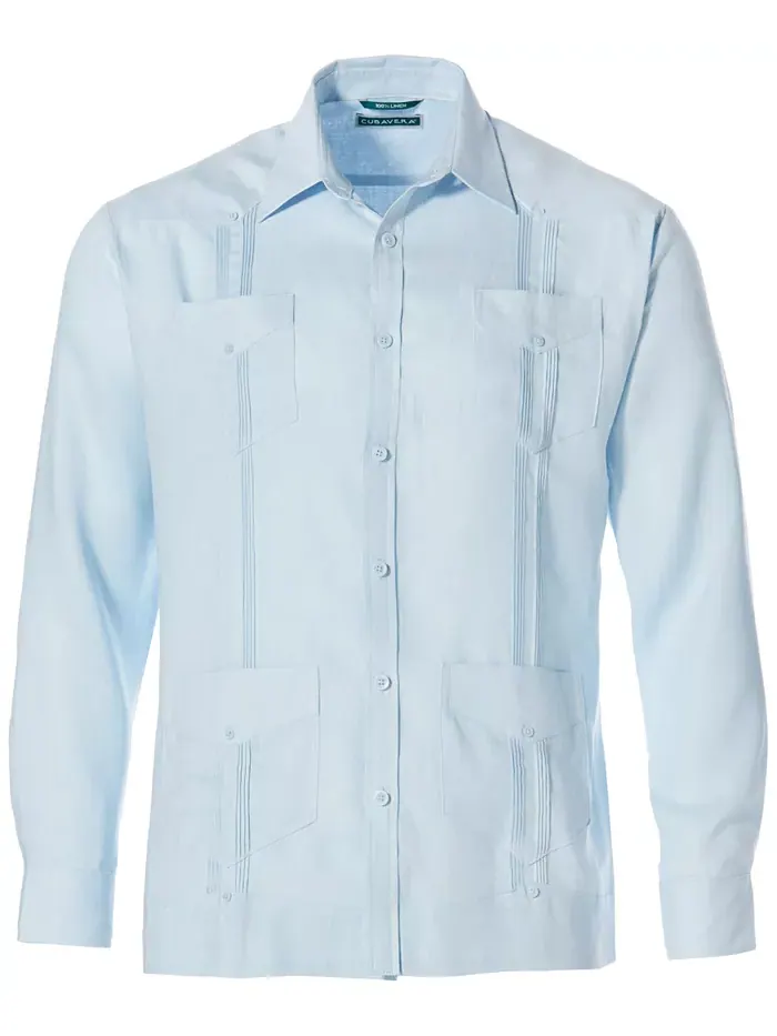 Мужская гавайская рубашка Guayabera с длинным рукавом и 4 карманами, 100% лен Cubavera — изображение 5 из 5, синий