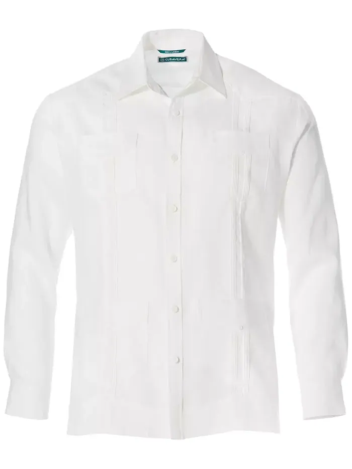 Мужская гавайская рубашка Guayabera с длинным рукавом и 4 карманами, 100% лен Cubavera — изображение 5 из 5, яркий белый
