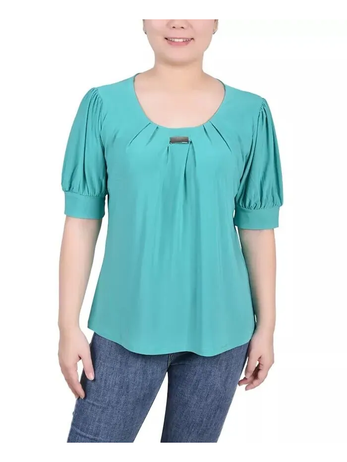Топ Petite с короткими рукавами и объемными рукавами NY Collection — зеленый