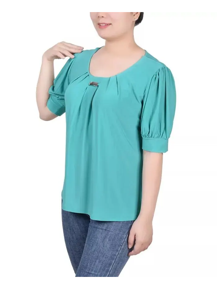 Топ Petite с короткими рукавами и объемными рукавами NY Collection — изображение 3 из 3, изумруд