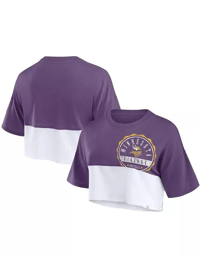 Женская фиолетово-белая укороченная футболка свободного кроя Minnesota Vikings с разрезом Fanatics — белый