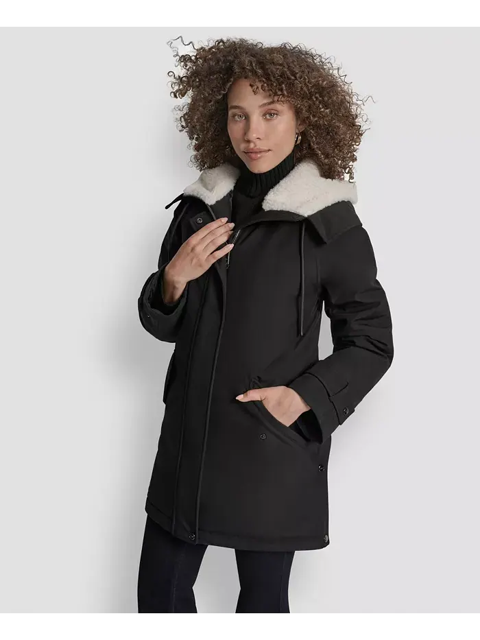 Женское пальто Softshell с капюшоном и подкладкой из искусственного меха DKNY — изображение 1 из 6, черный