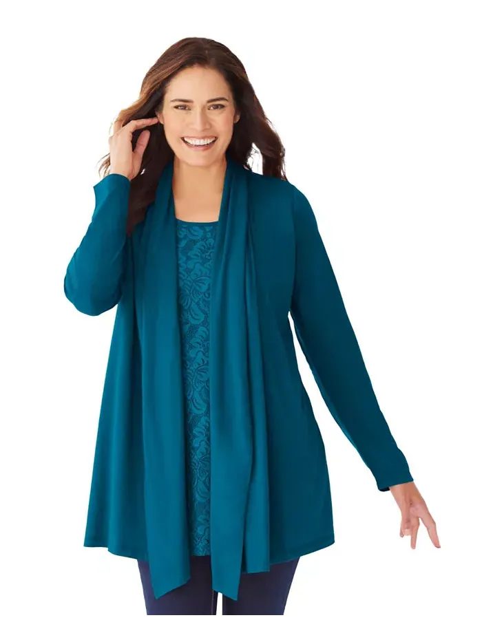 Кардиган Plus Size Within 2-Fer и туника с кружевом Woman Within — изображение 1 из 2, серый