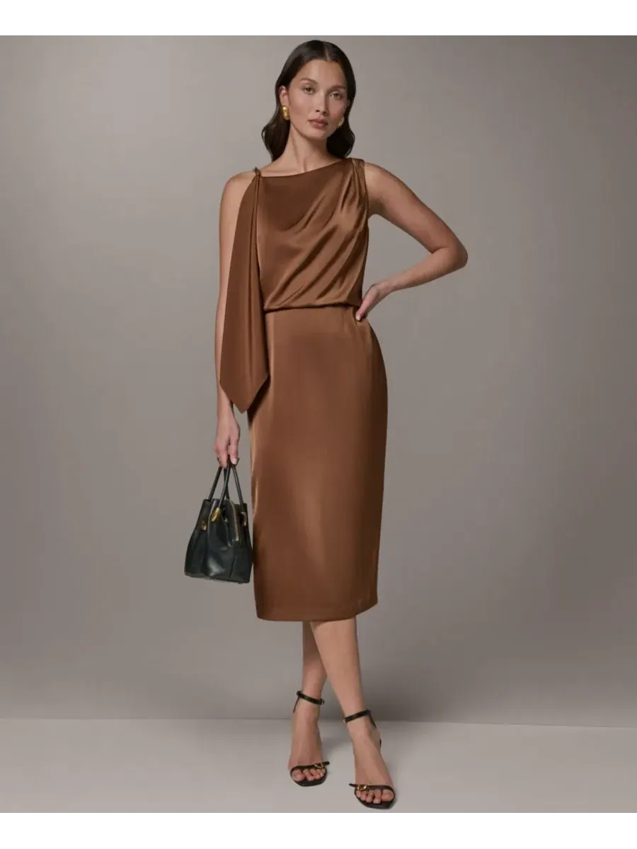 Женское атласное платье-футляр миди с квадратным вырезом Donna Karan New York — коричневый