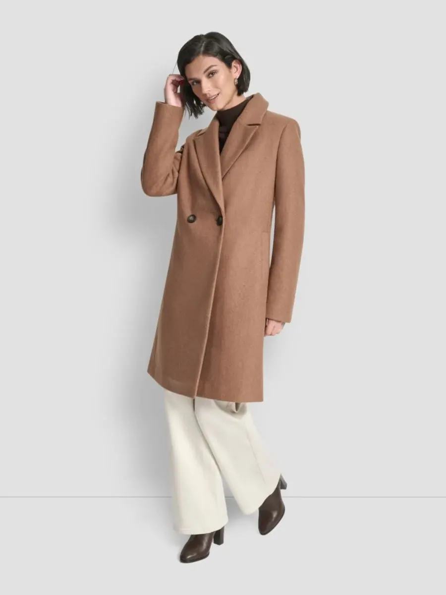 Женское двубортное пальто с воротником-стойкой DKNY, темно-camel — изображение 1 из 5, бежевый