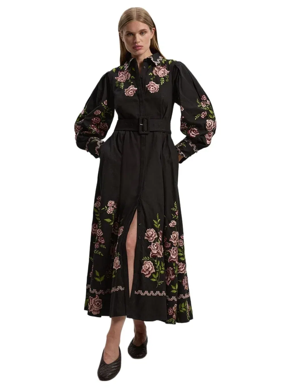 Женское хлопковое платье-рубашка с вышивкой роз Karen Millen — черный